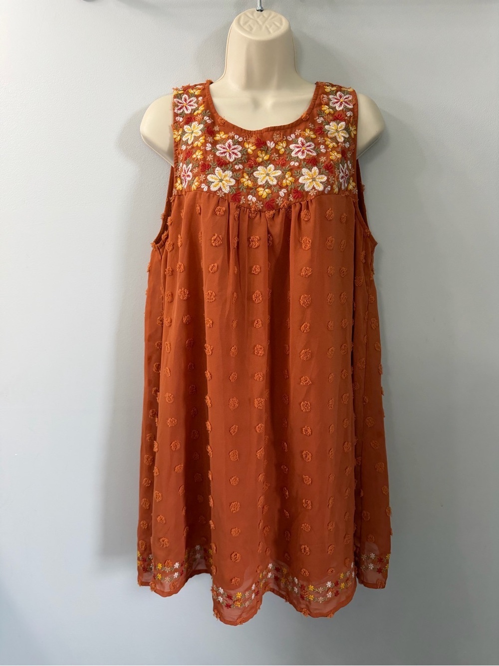 Savanna Jane Embroidered Floral Orange Sleeveless Dress with Textured Dot Fabric